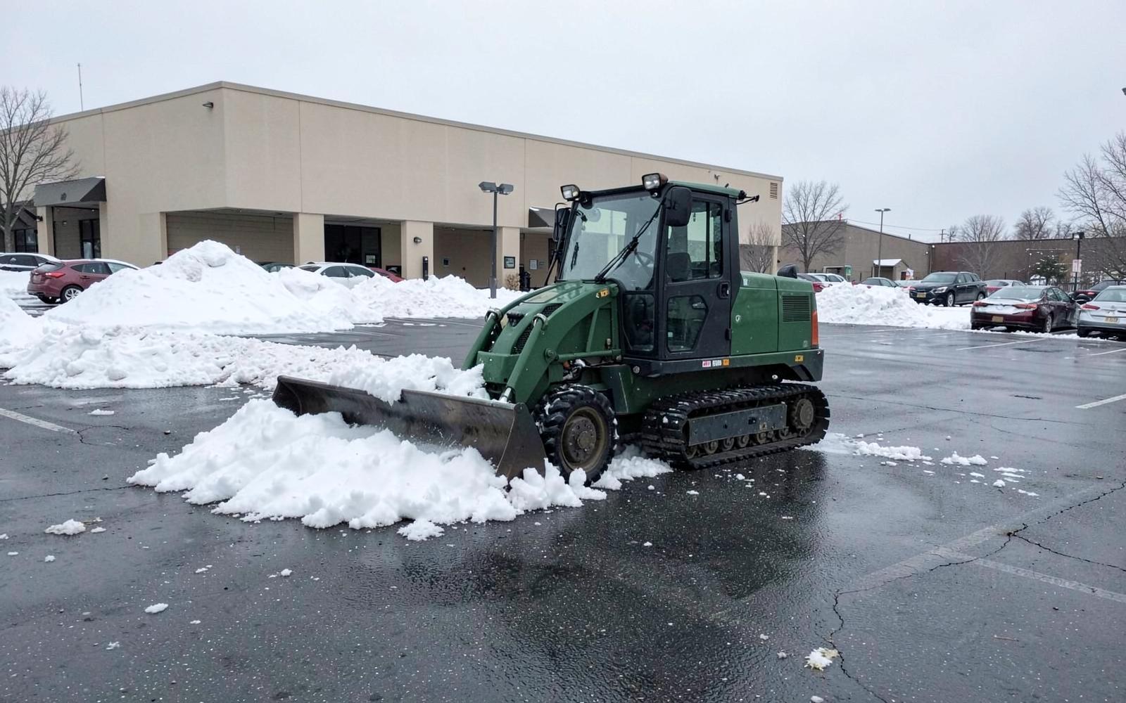 Skid steer with a snow pusher blade clearing a commercial parking lot