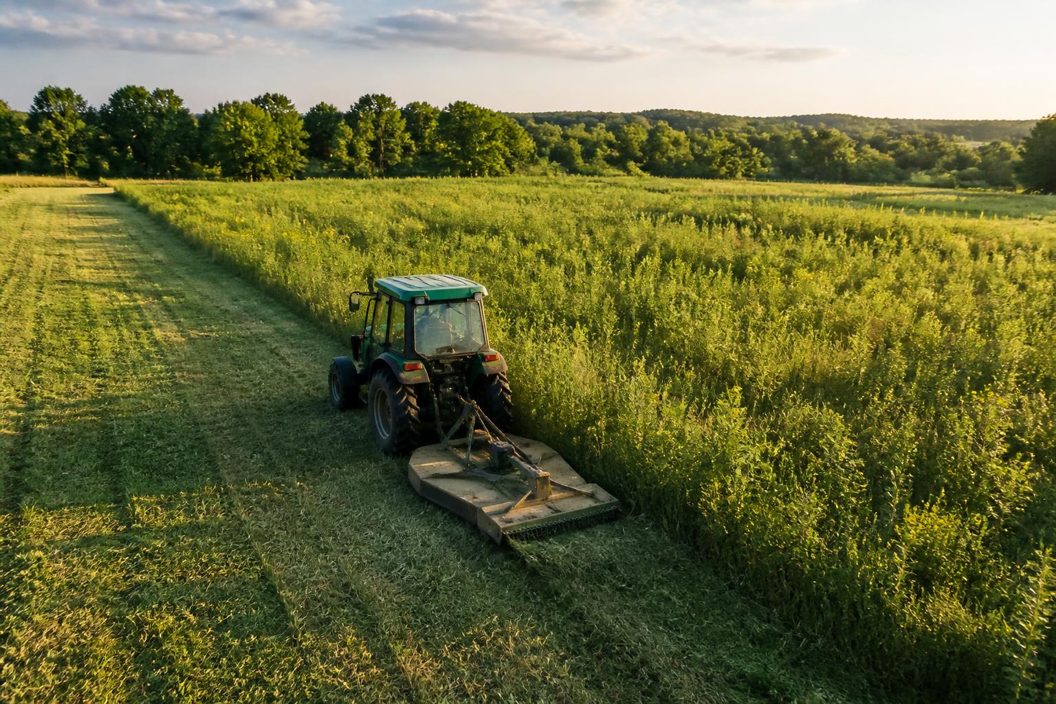 Tractor with a brush hog cutting a grown-up Indiana field, clear line behind it