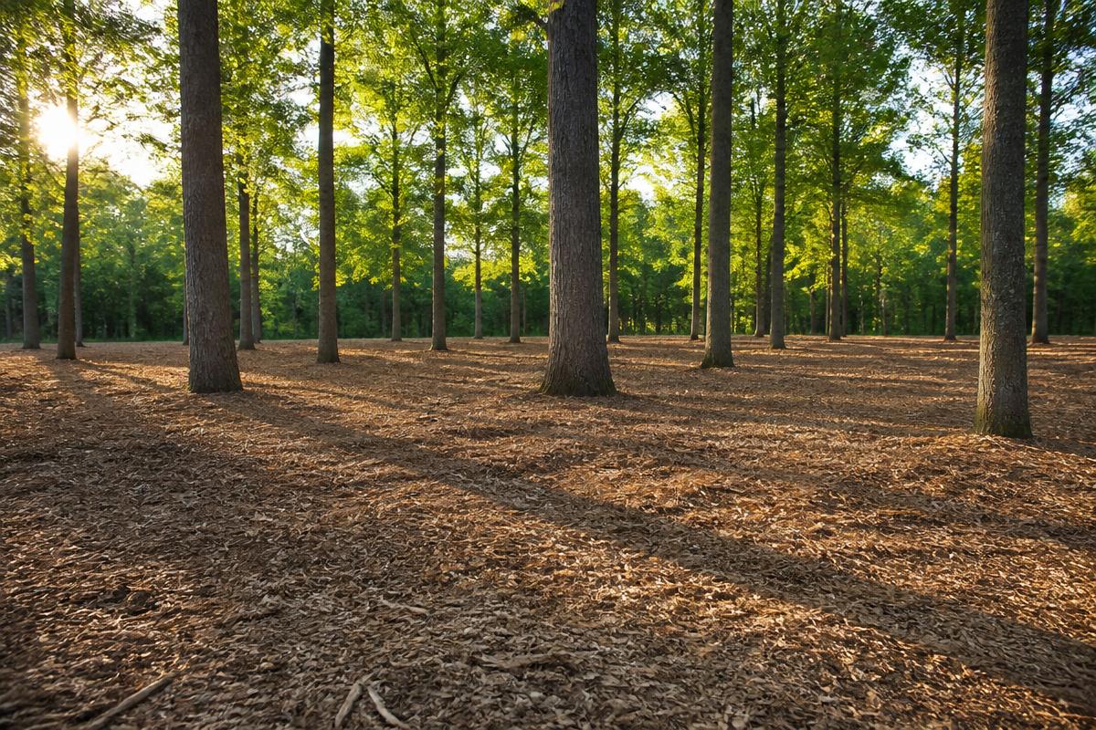 Woodland after forestry mulching with mature trees standing and understory removed