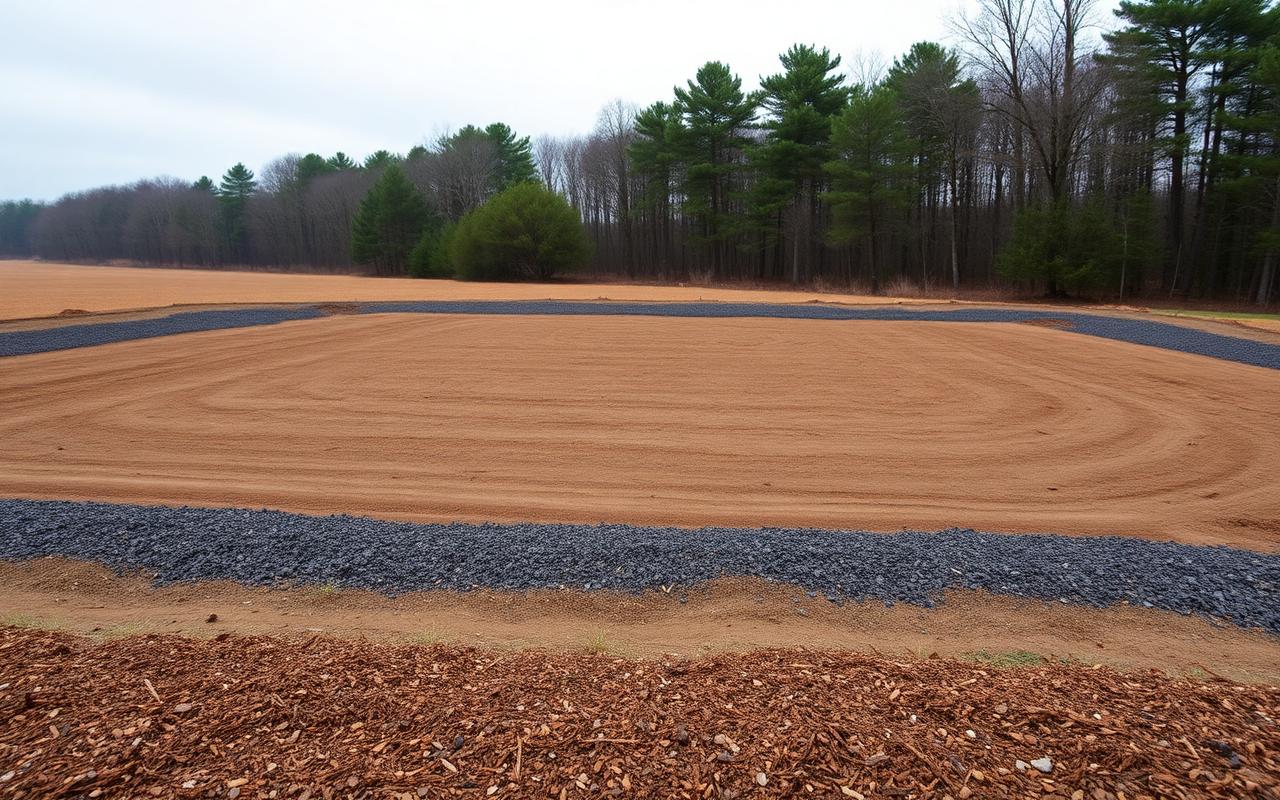 Freshly cleared and graded building pad on rural Indiana farmland